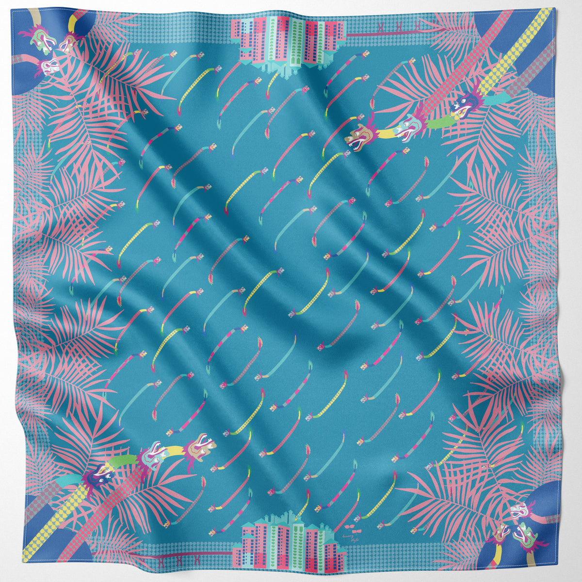 Dragons on Singapore Water Silk Scarf